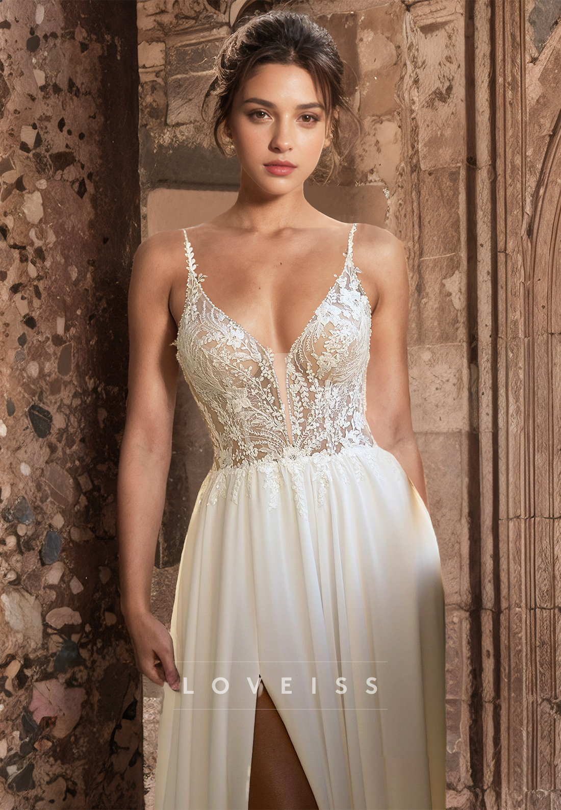 V-Neck Spaghetti Straps Lace Appliques Side Slit A-Line Wedding Dress