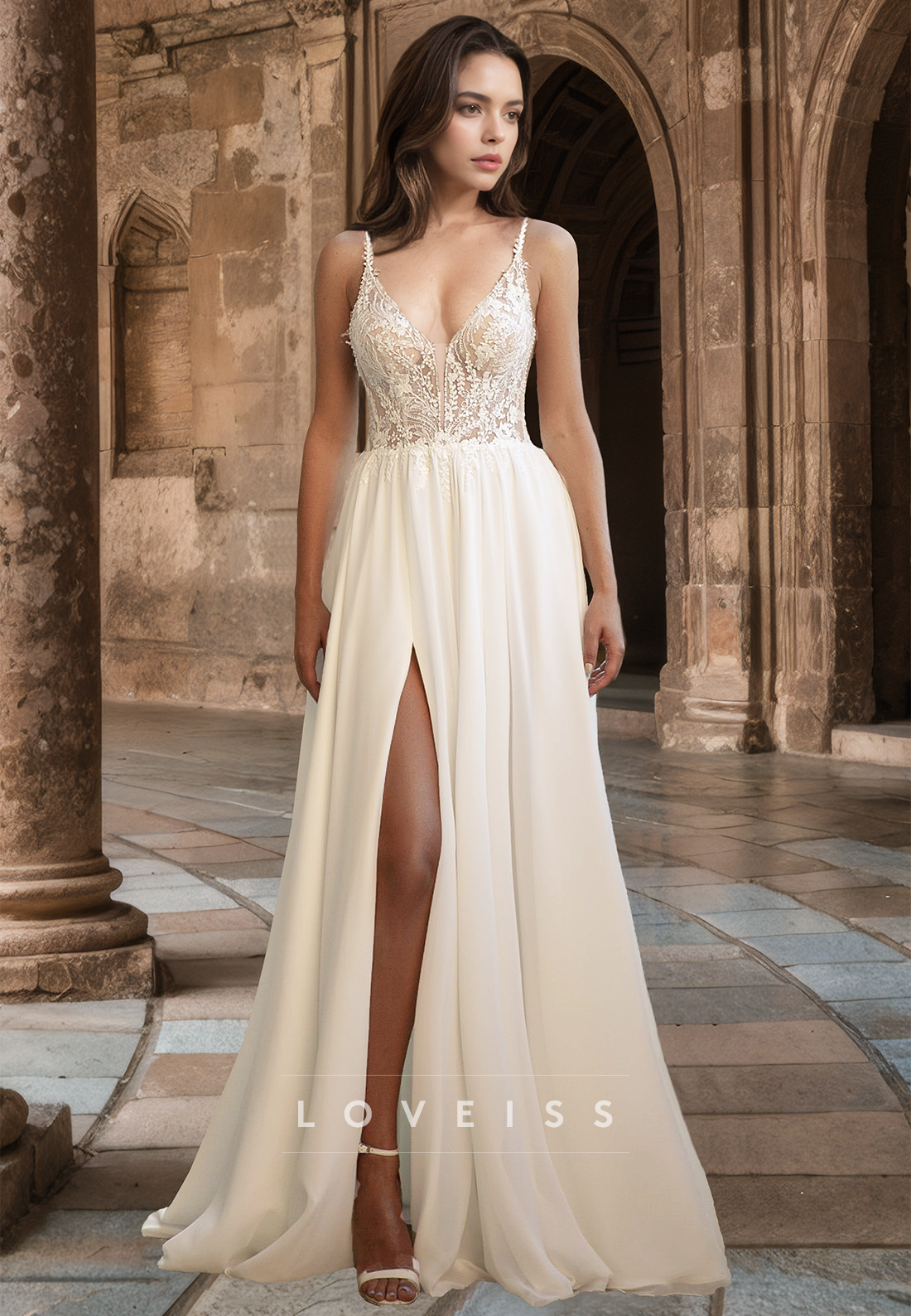 V-Neck Spaghetti Straps Lace Appliques Side Slit A-Line Wedding Dress