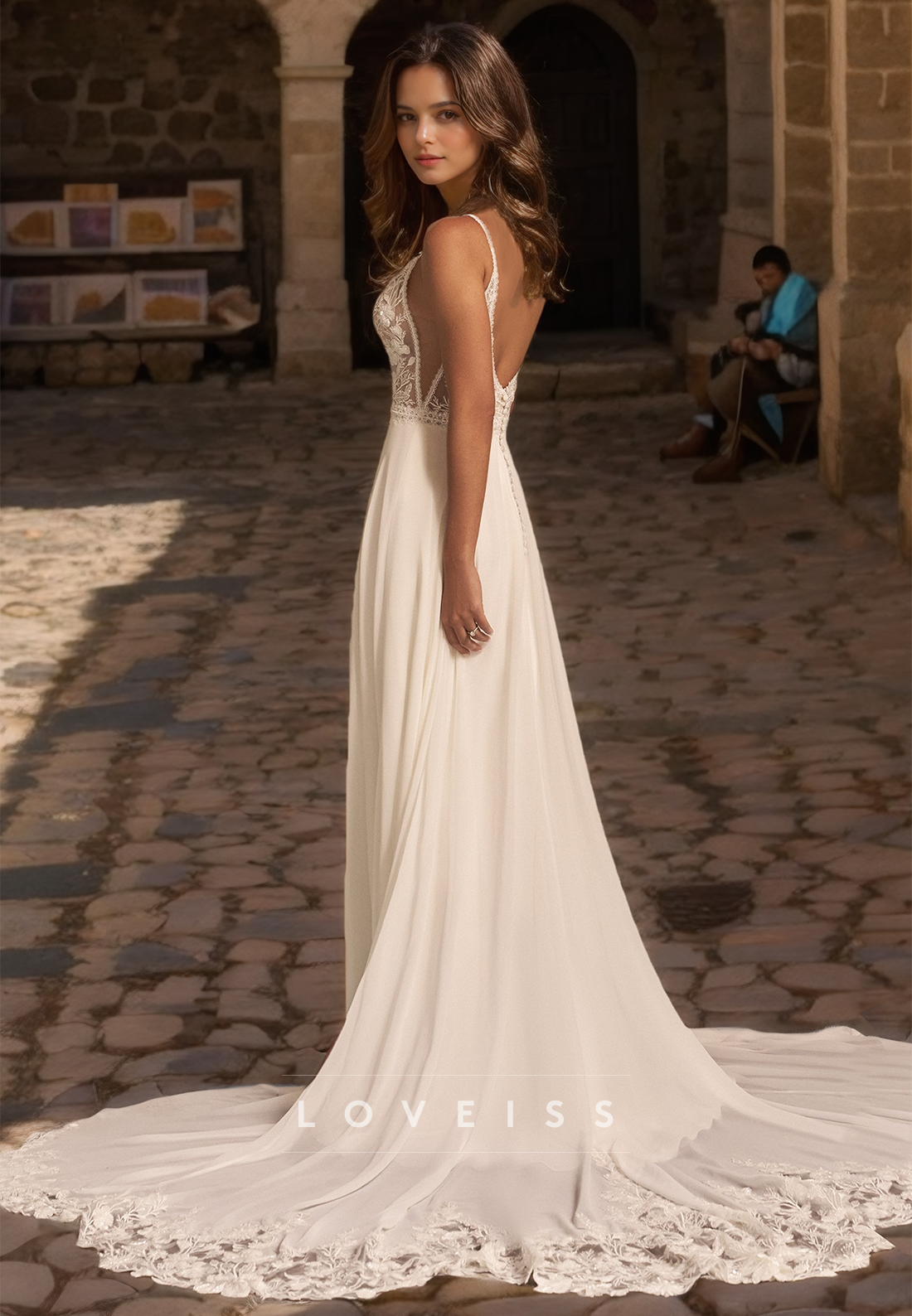 V-Neck Spaghetti Straps Lace Appliques Sleek A-Line Beach Wedding Dress