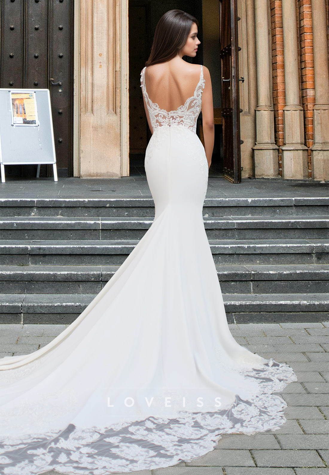 V-Neck Spaghetti Straps Lace Appliques Sleek Mermaid Beach Wedding Dress