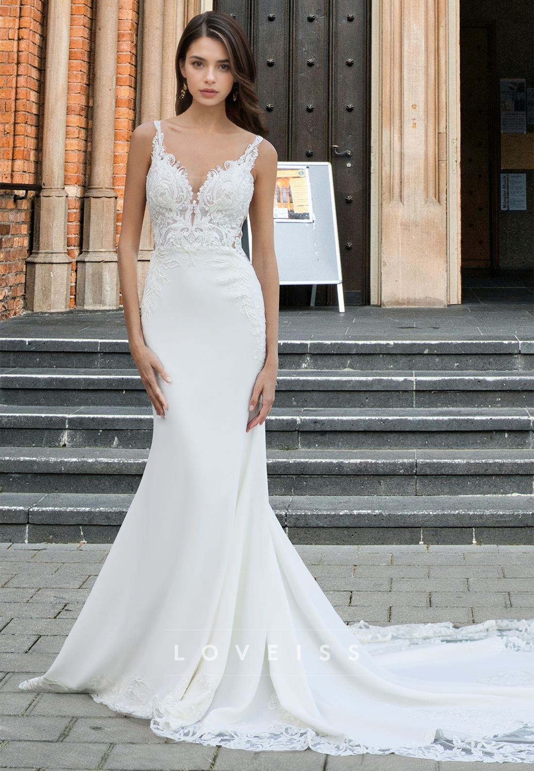 V-Neck Spaghetti Straps Lace Appliques Sleek Mermaid Beach Wedding Dress