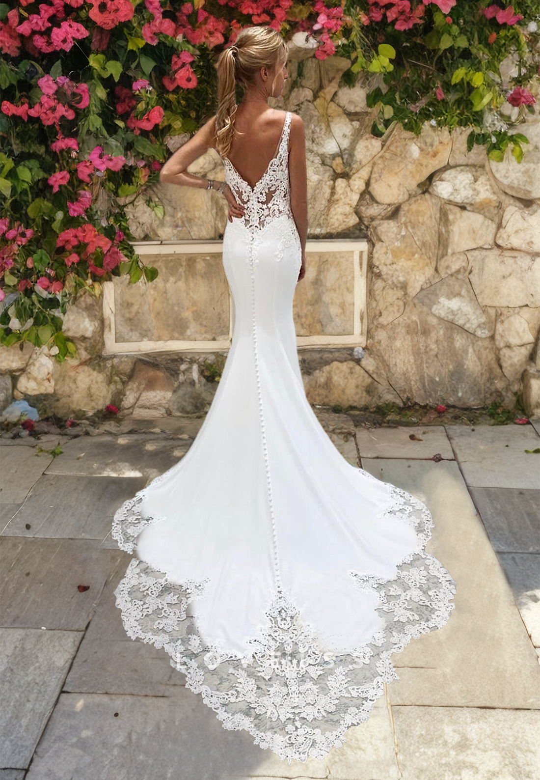 V-Neck Spaghetti Straps Lace Appliques Sleek Mermaid Wedding Dress
