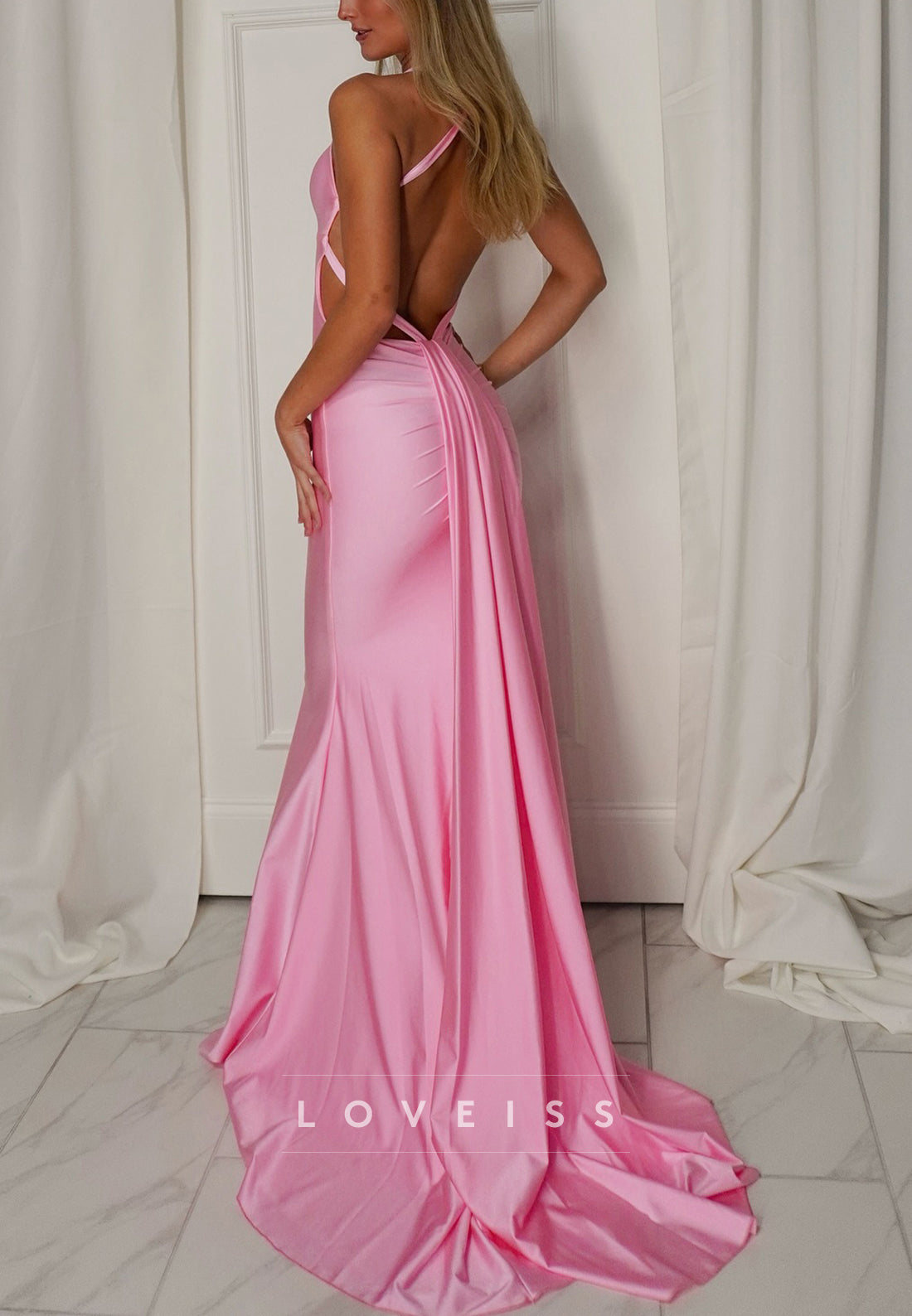 V-Neck Spaghetti Straps Mermaid Pink Prom Dress