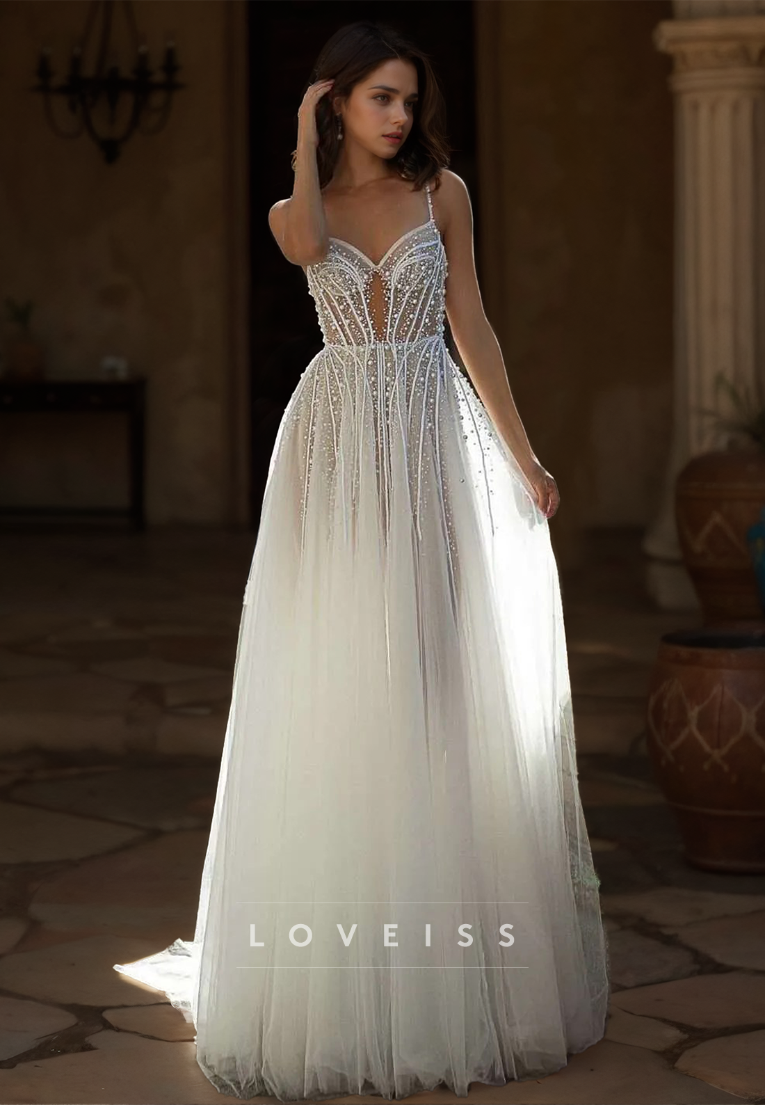 V-Neck Spaghetti Straps Pearl Beaded Tulle Beach Wedding Dress