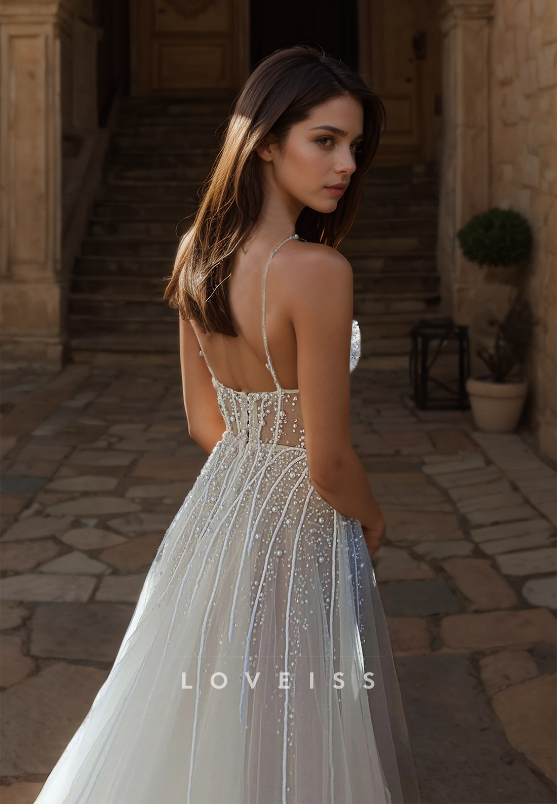 V-Neck Spaghetti Straps Pearl Beaded Tulle Beach Wedding Dress