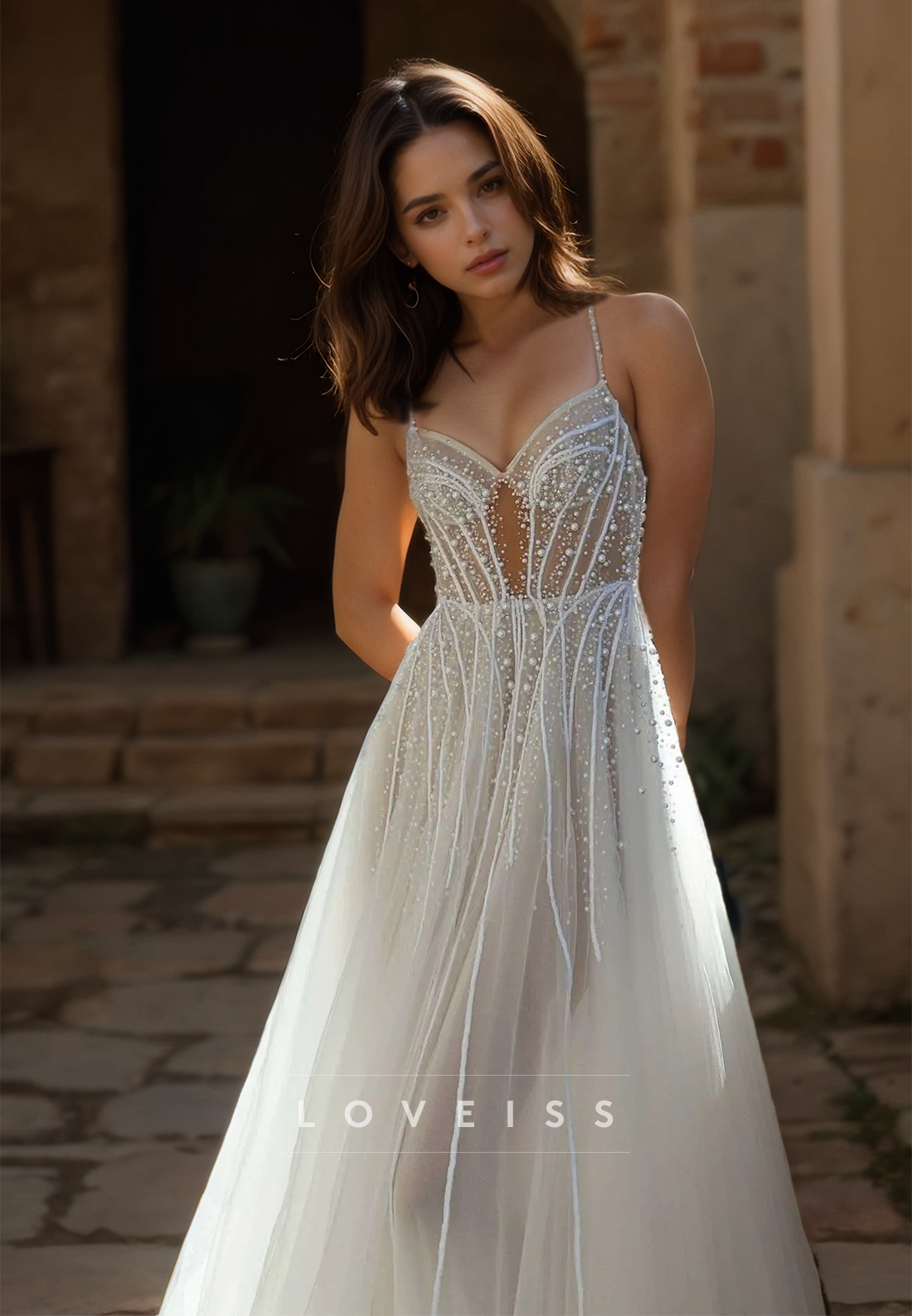 V-Neck Spaghetti Straps Pearl Beaded Tulle Beach Wedding Dress