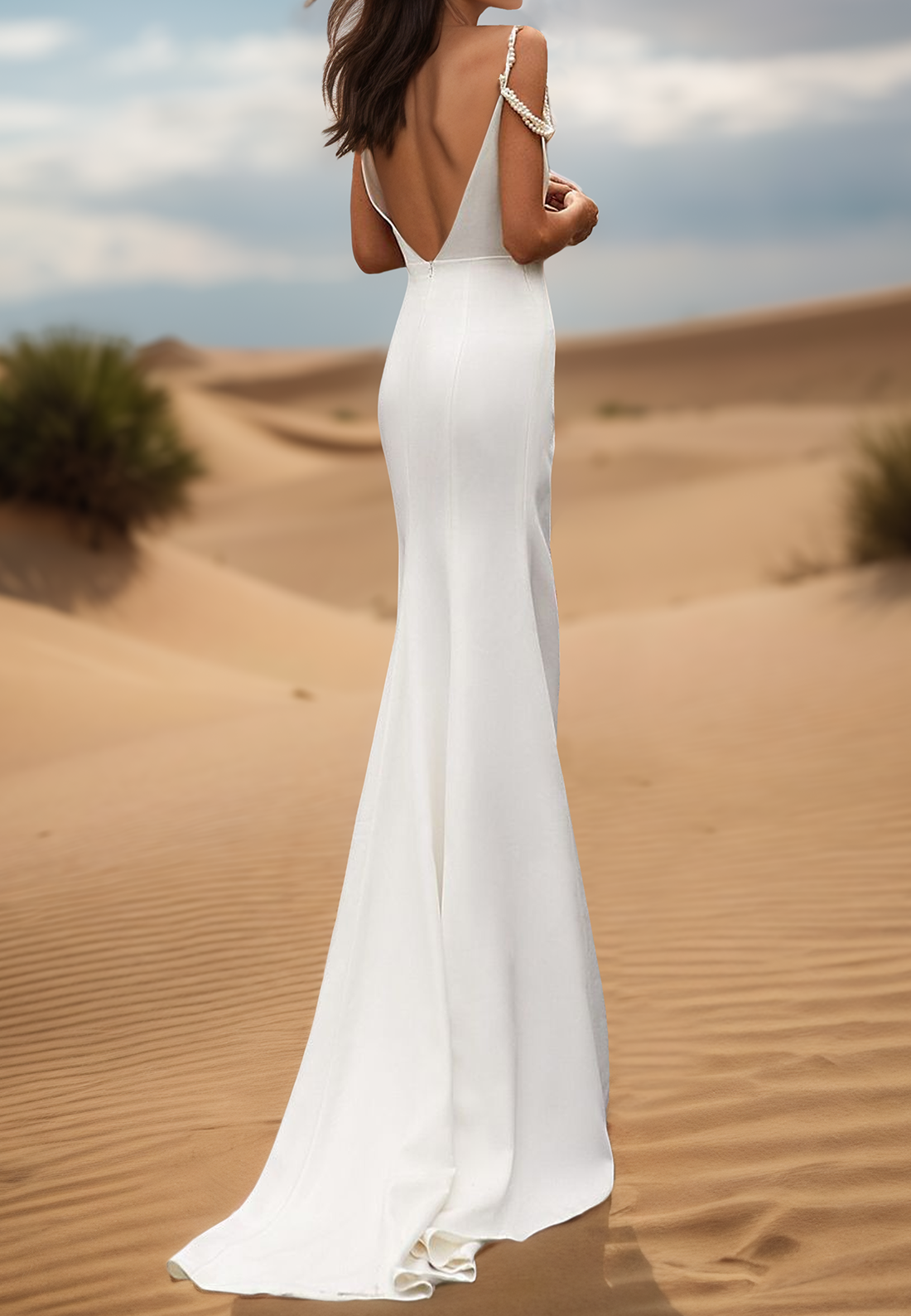 V-Neck Spaghetti Straps Pearl Ruched Sheath Beach Wedding Dress