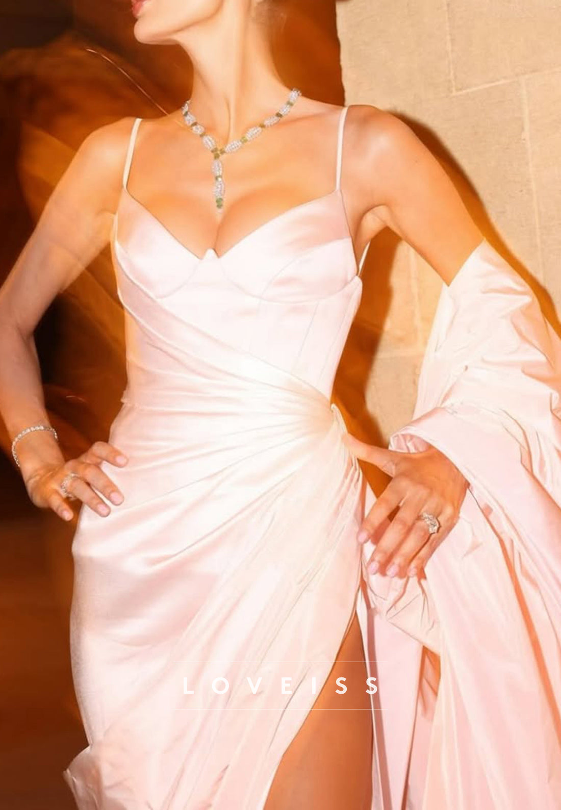 V-Neck Spaghetti Straps Pleated Sheath Pink Formal Dress