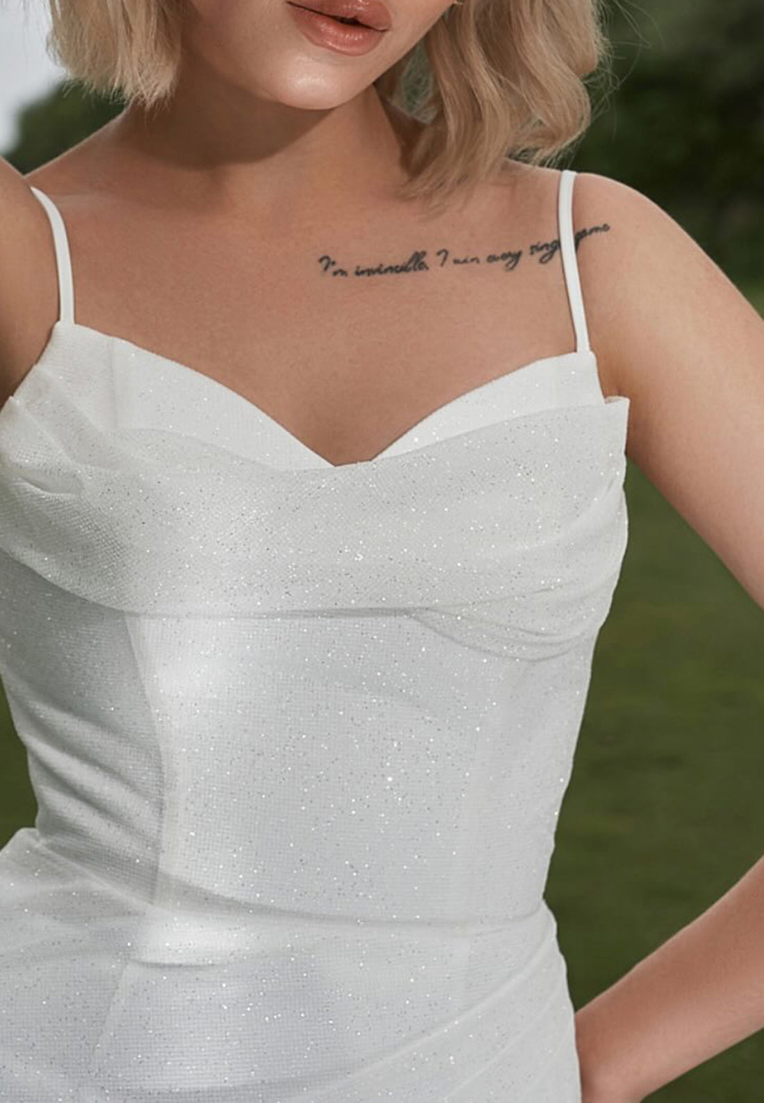 V-Neck Spaghetti Straps Pleated Side Slit Beach Wedding Dress