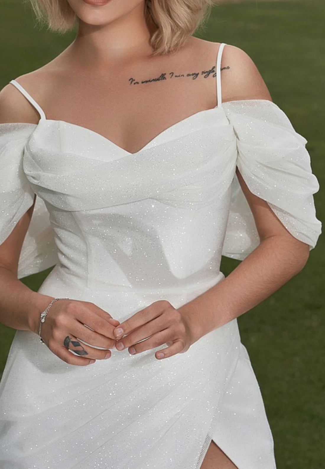 V-Neck Spaghetti Straps Pleated Side Slit Beach Wedding Dress