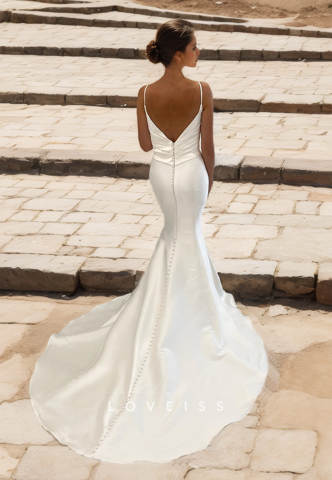 V-Neck Spaghetti Straps Pleated Sleek Mermaid Beach Wedding Dress