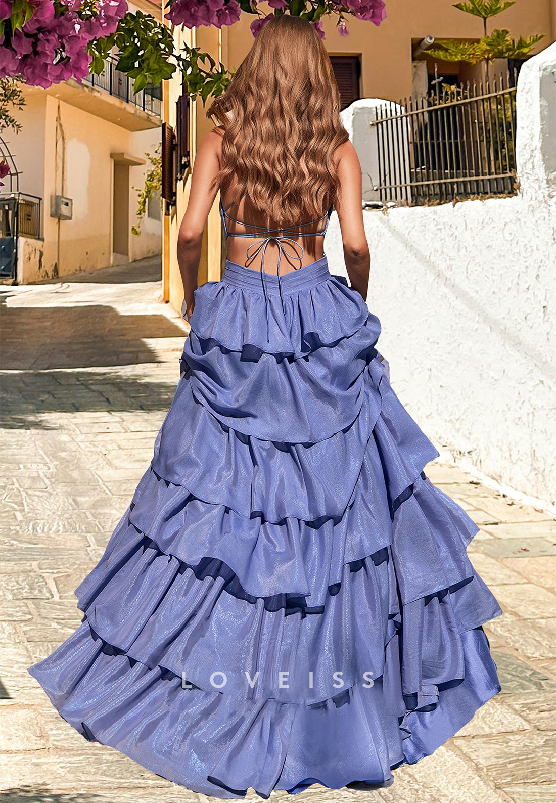 V-Neck Spaghetti Straps Pleated Tiered A-Line Prom Dress