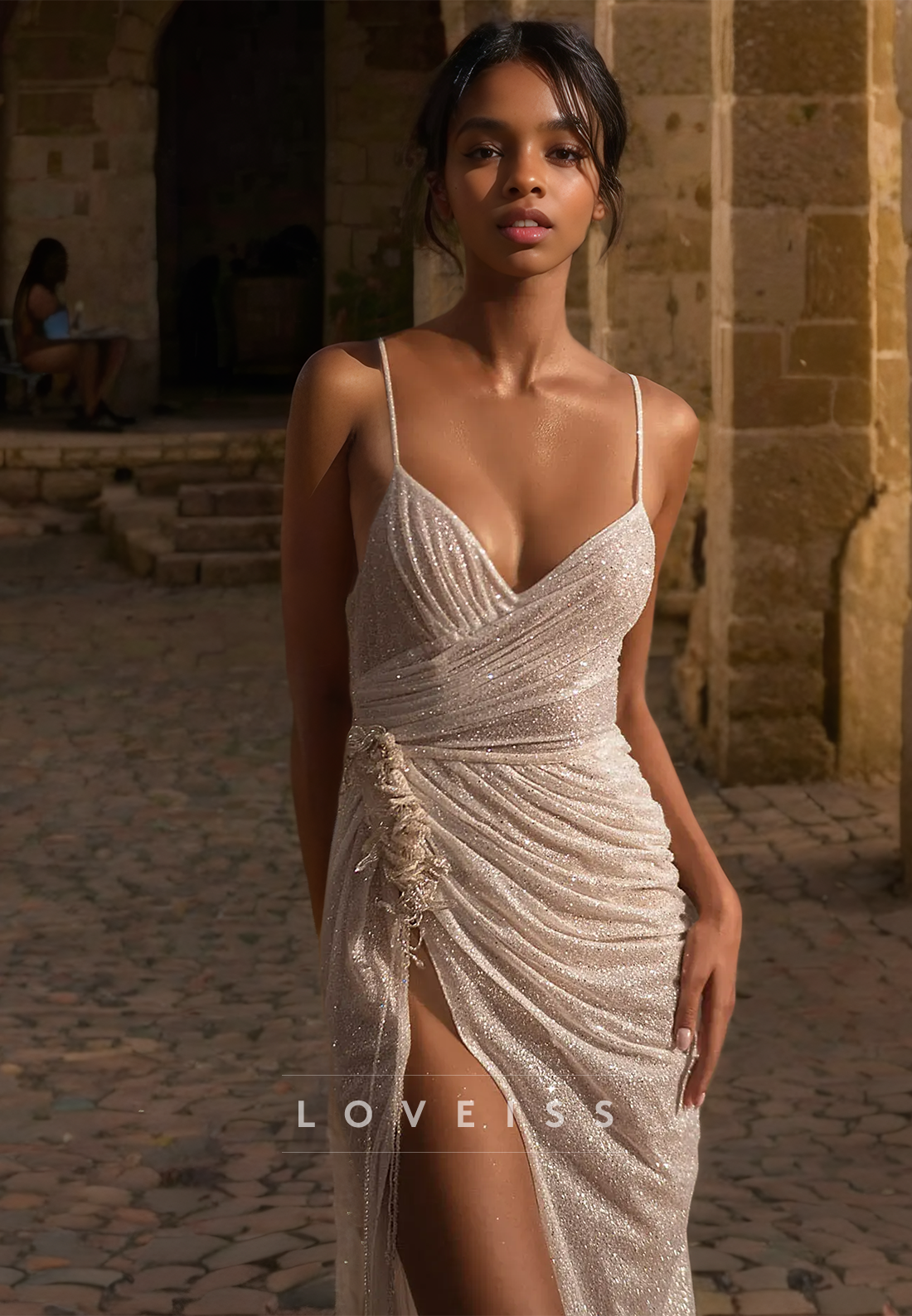 V-Neck Spaghetti Straps Ruched High Slit Sheath Beach Wedding Dress