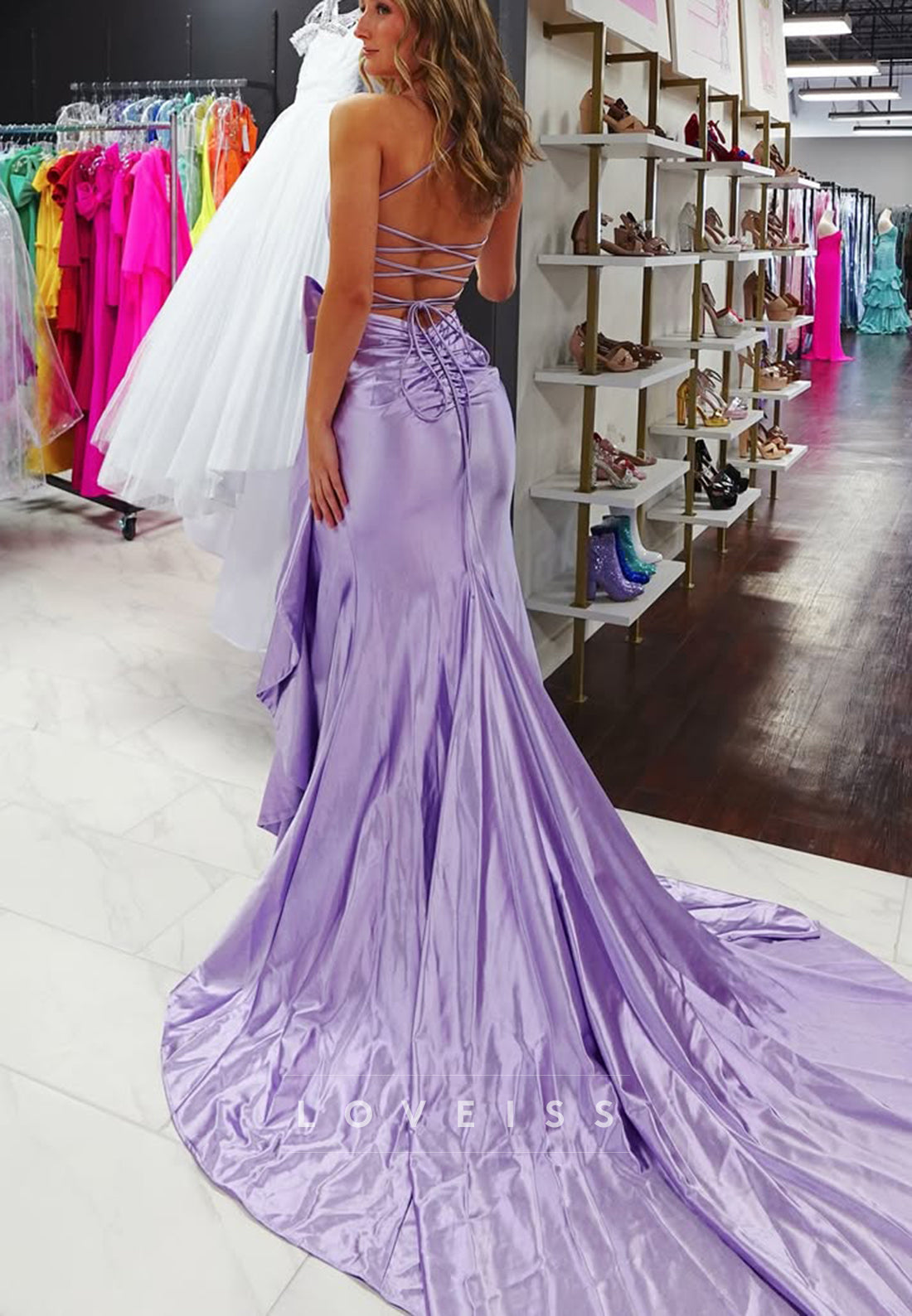 V-Neck Spaghetti Straps Ruffled Bowkot Sheath Prom Dress