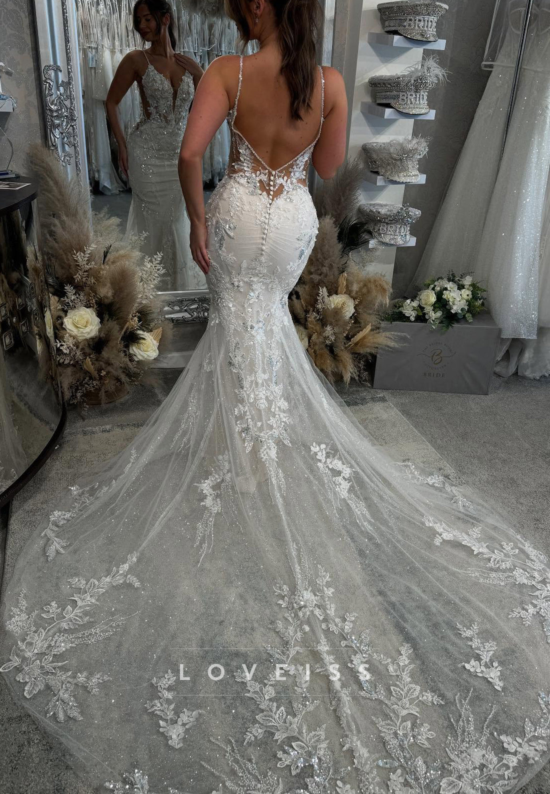 V-Neck Spaghetti Straps Sequins Appliques Mermaid Wedding Dress