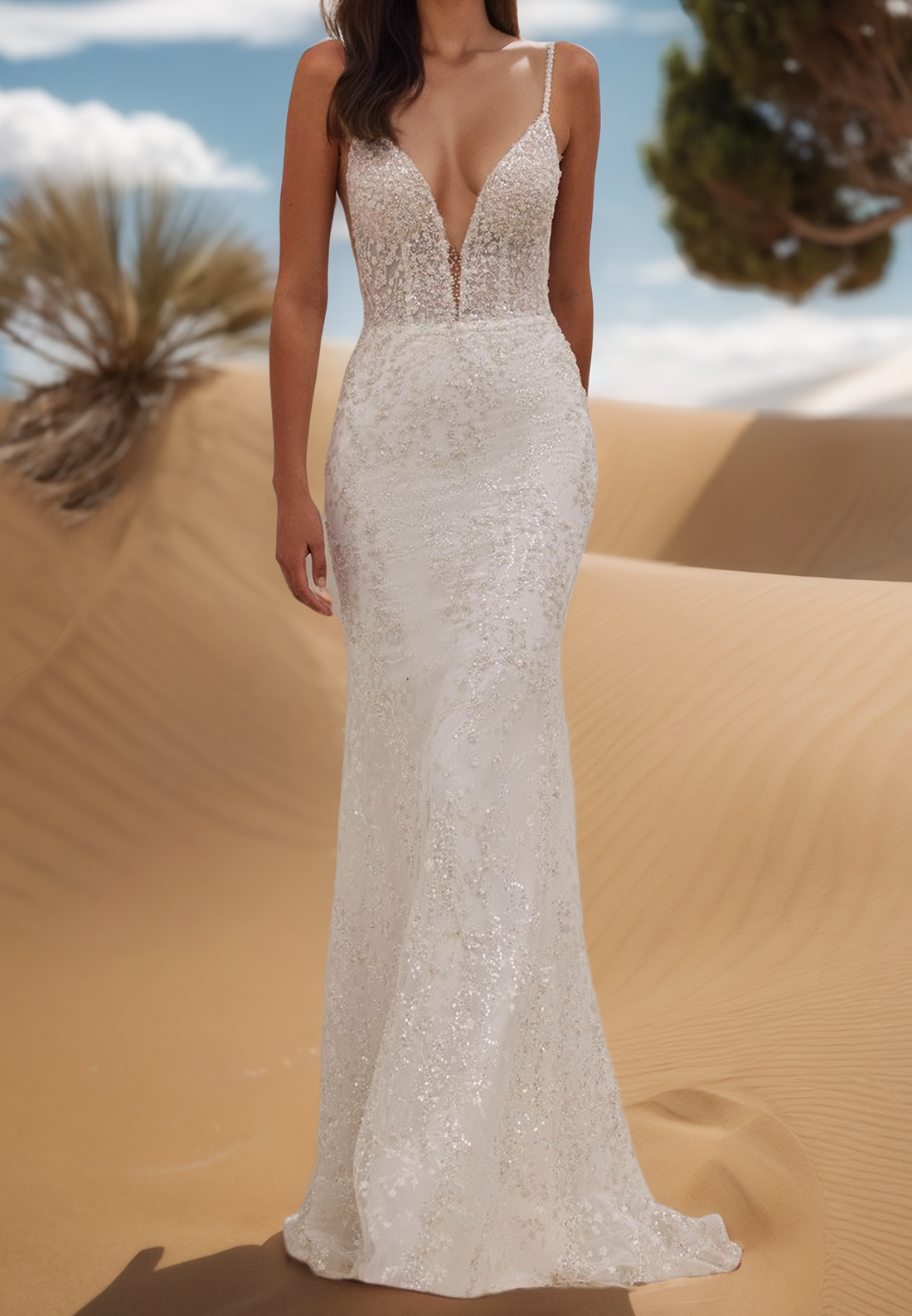 V-Neck Spaghetti Straps Sequins Appliques Mermaid Wedding Dress