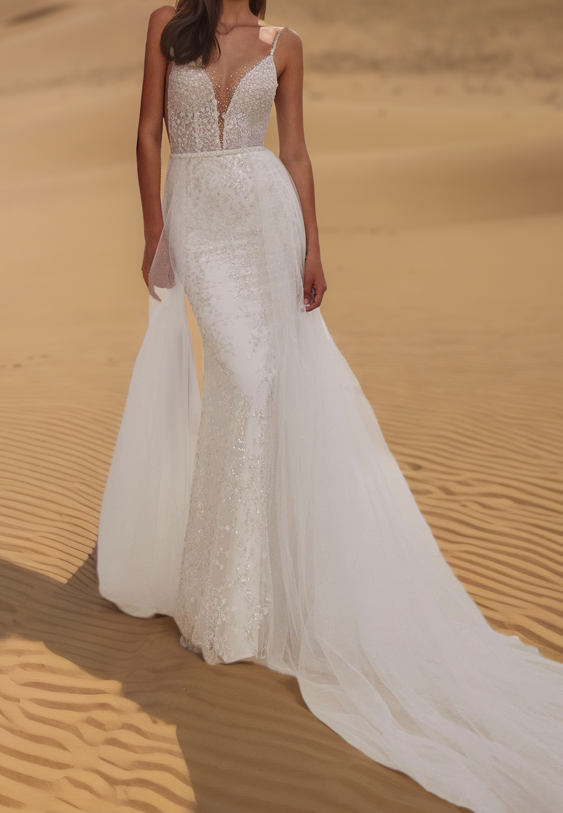 V-Neck Spaghetti Straps Sequins Appliques Mermaid Wedding Dress