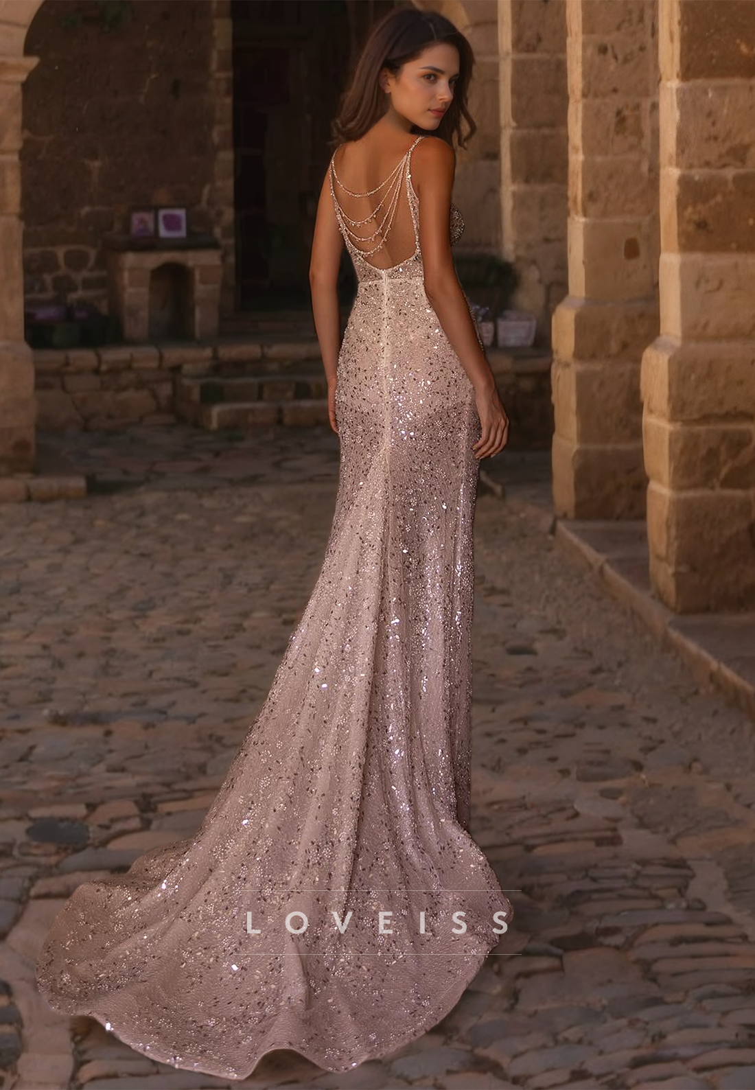 V-Neck Spaghetti Straps Sequins High Slit Sheath Beach Wedding Dress