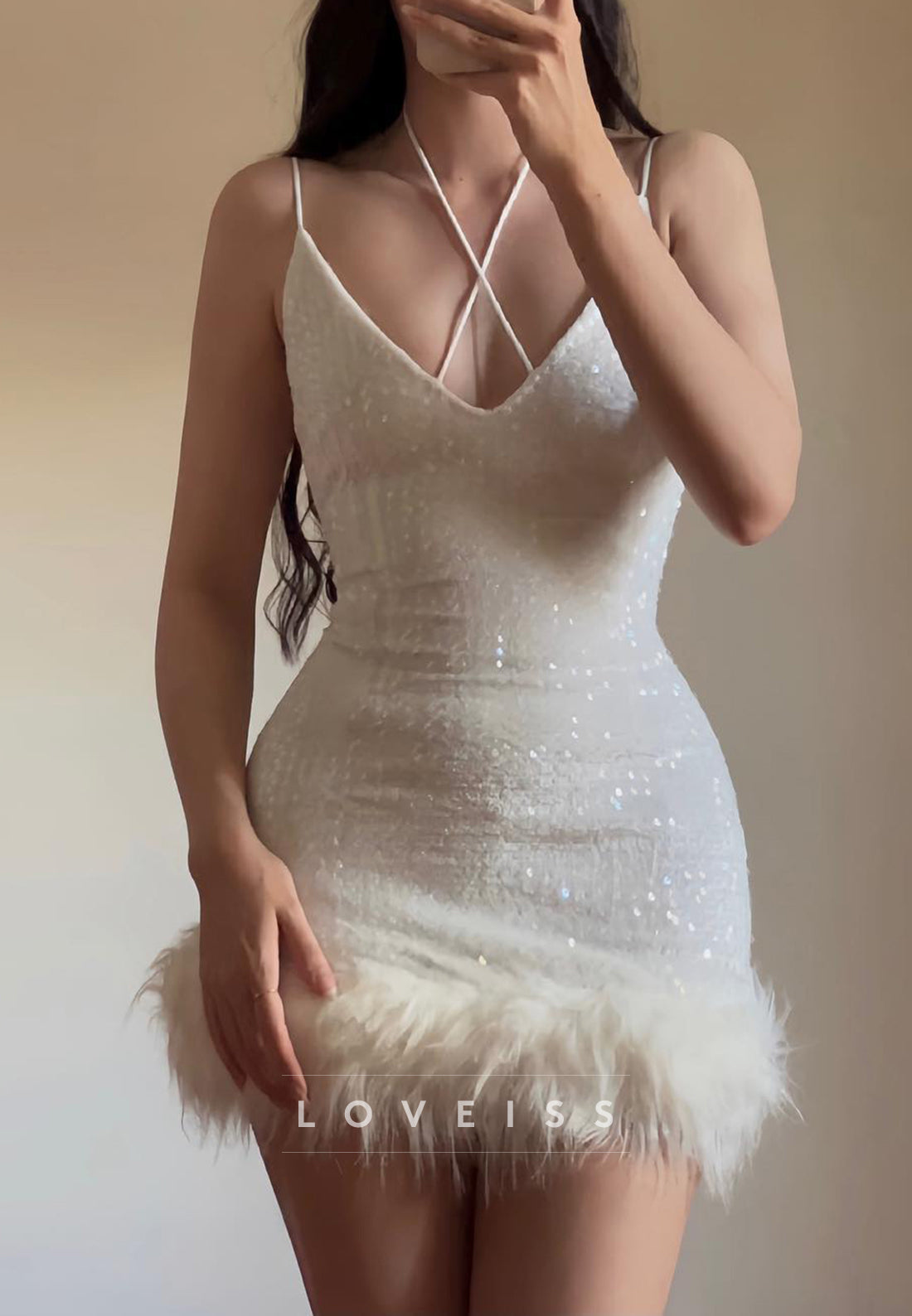 V-Neck Spaghetti Straps Sequins Sheath Homecoming Dress