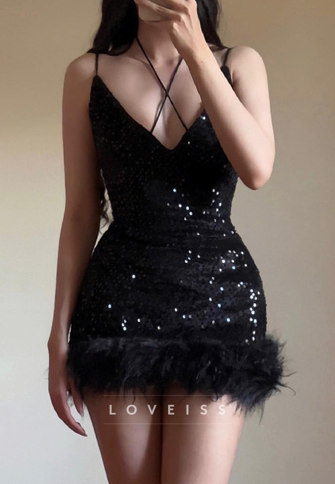 V-Neck Spaghetti Straps Sequins Sheath Homecoming Dress