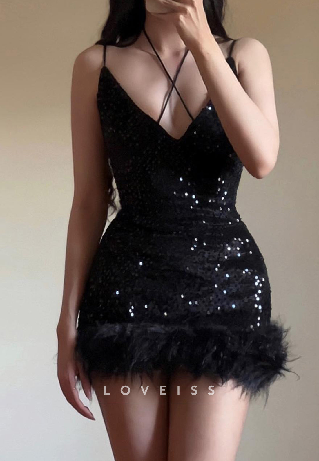 V-Neck Spaghetti Straps Sequins Sheath Homecoming Dress