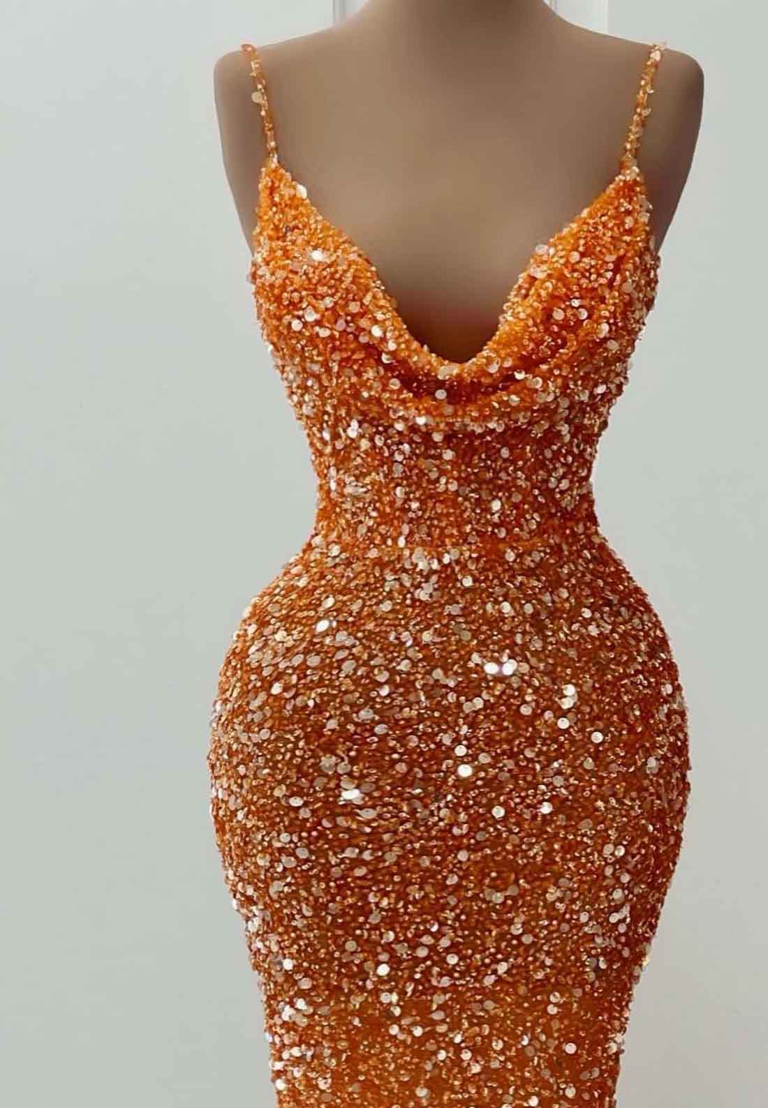 V-Neck Spaghetti Straps Sequins Sheer Mermaid Sparkly Evening Dress