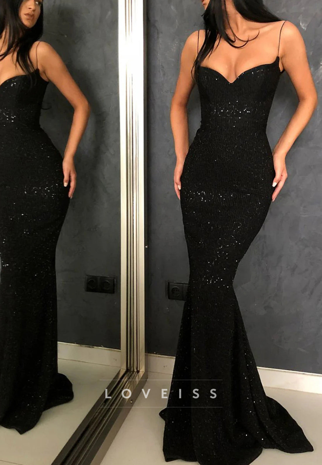 V-Neck Spaghetti Straps Sequins Sparkly Mermaid Prom Dress