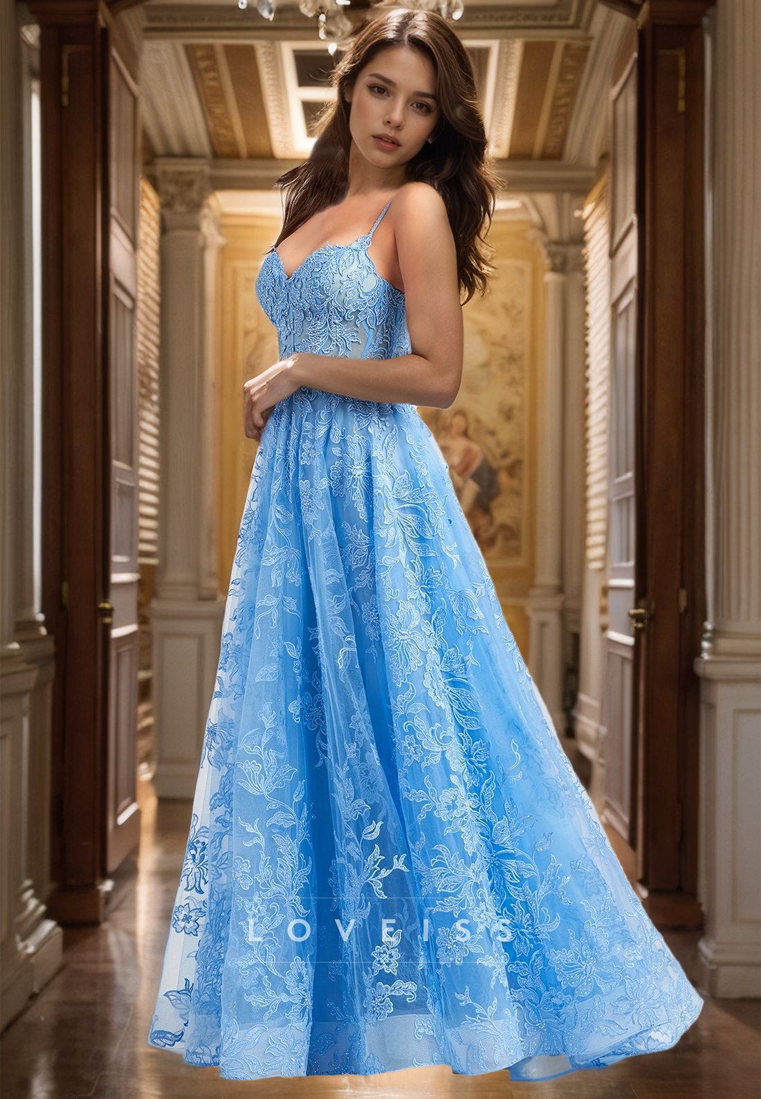 V-Neck Spaghetti Straps Sheer Appliques Tulle A-Line Prom Dress