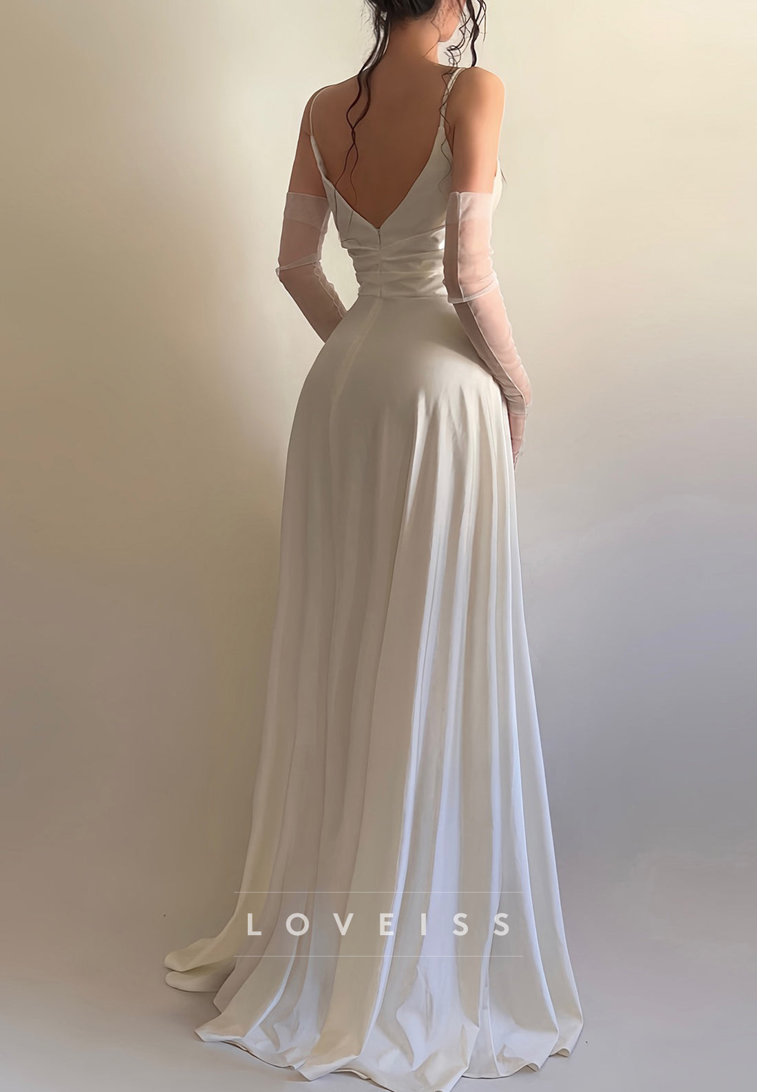 V-Neck Spaghetti Straps Side Slit Sleek Sheath Wedding Dress