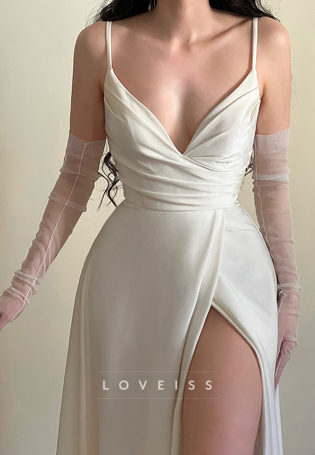 V-Neck Spaghetti Straps Side Slit Sleek Sheath Wedding Dress