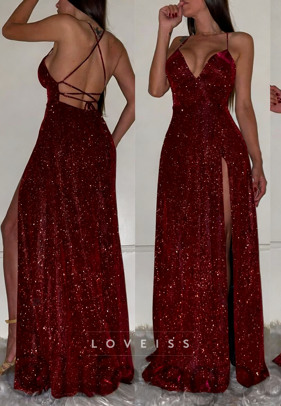 V-Neck Spaghetti Straps Side Slit Sparkly A-Line Prom Dress