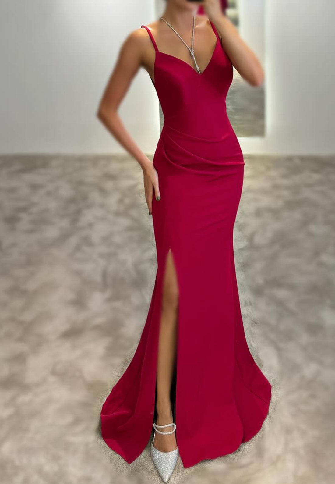 V-Neck Spaghetti Straps Side Slit Wedding Guest Dress Sheath Formal Dress
