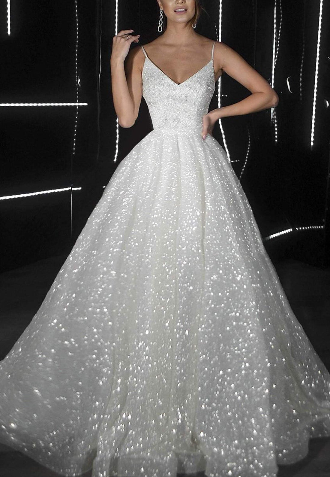 V-Neck Spaghetti Straps Sparkly Ball Gown Wedding Dress