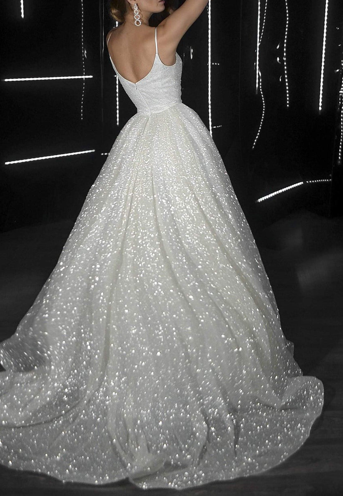 V-Neck Spaghetti Straps Sparkly Ball Gown Wedding Dress