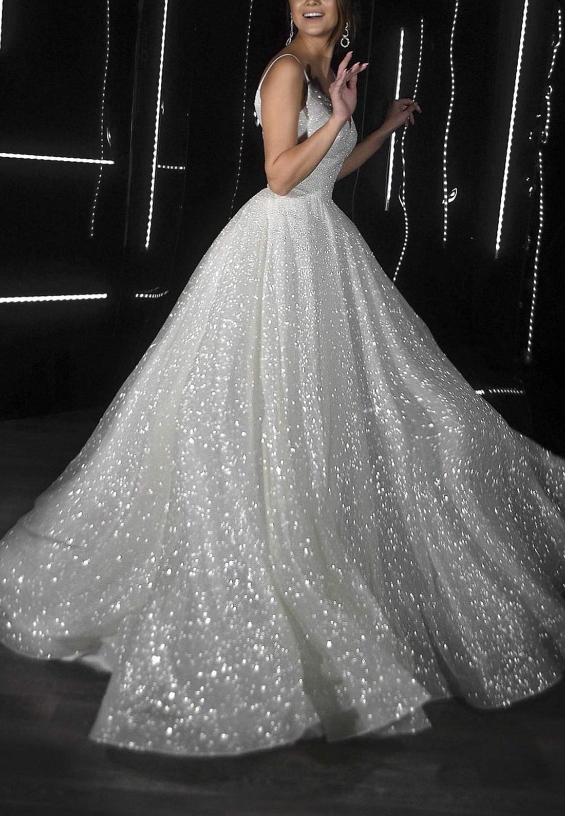 V-Neck Spaghetti Straps Sparkly Ball Gown Wedding Dress