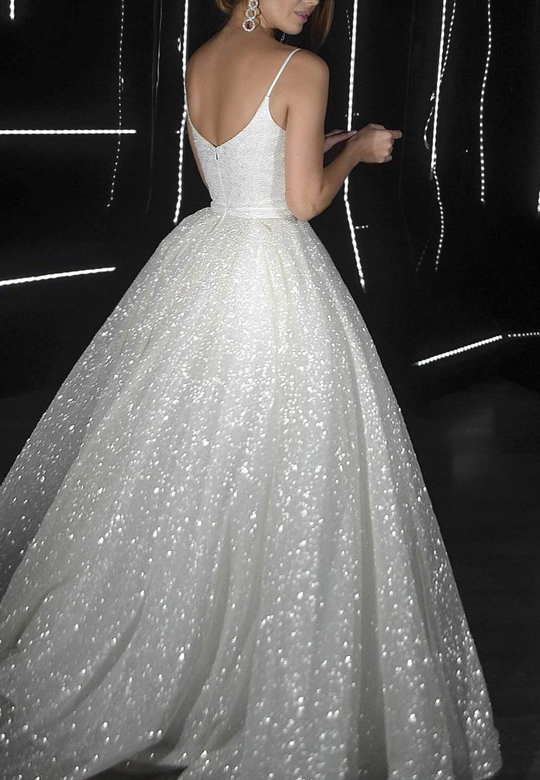 V-Neck Spaghetti Straps Sparkly Ball Gown Wedding Dress