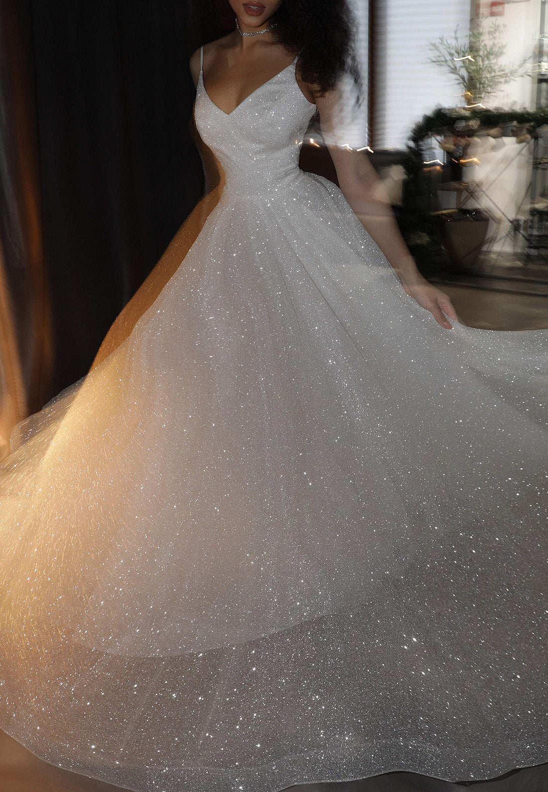 V-Neck Spaghetti Straps Sparkly Ball Gown Wedding Dress