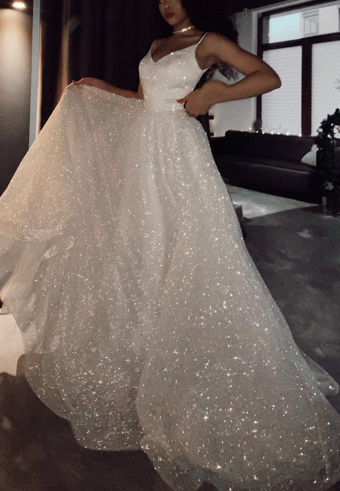 V-Neck Spaghetti Straps Sparkly Ball Gown Wedding Dress
