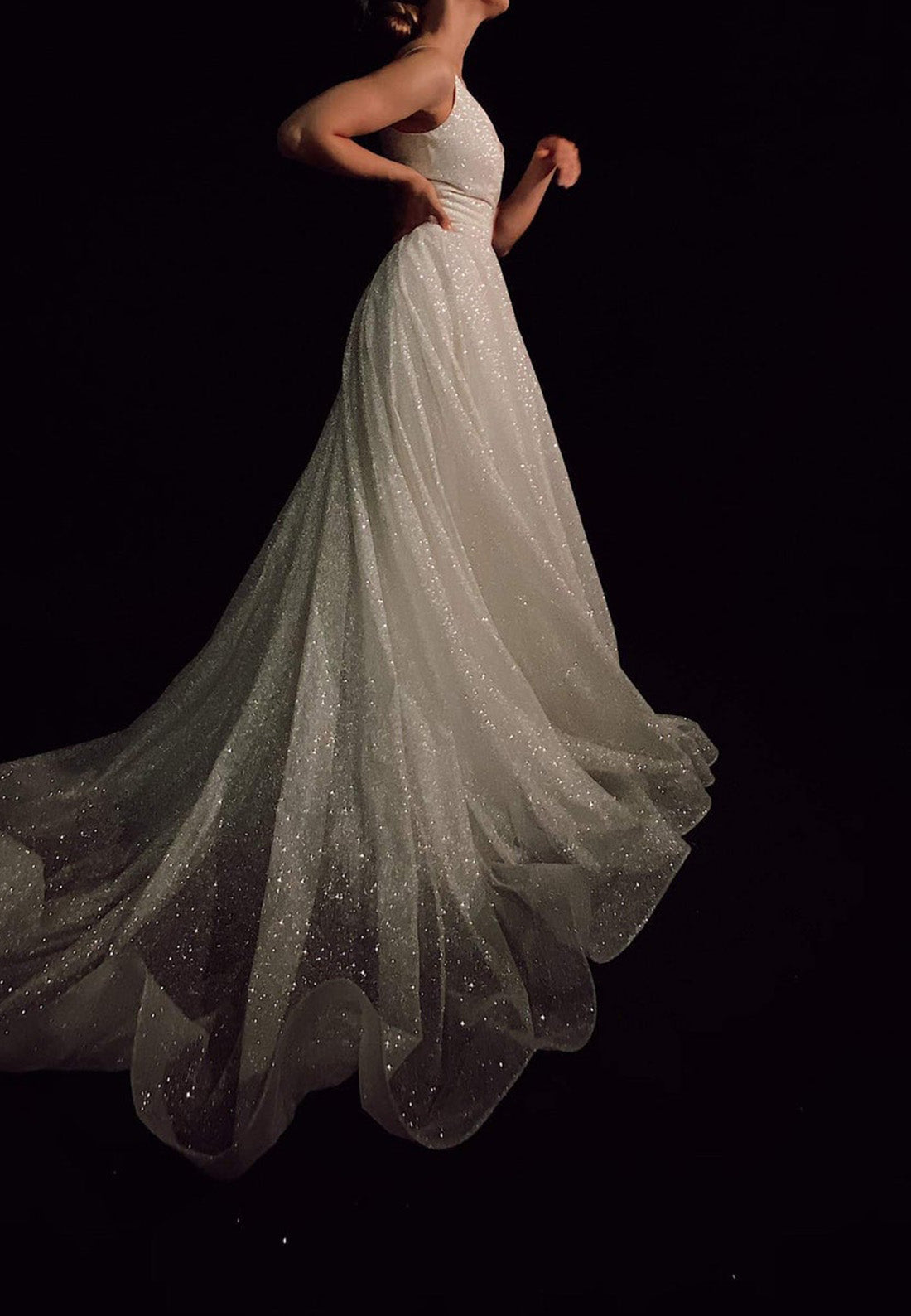 V-Neck Spaghetti Straps Sparkly Ball Gown Wedding Dress