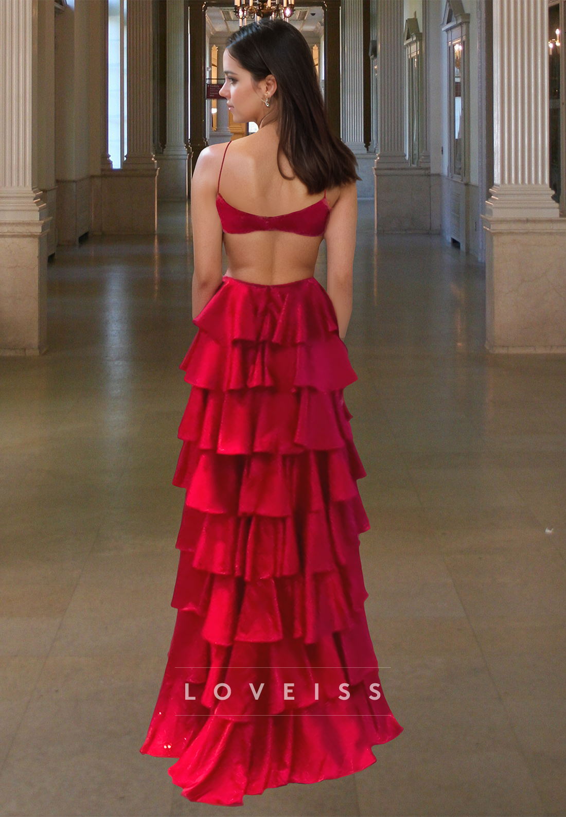 V-Neck Spaghetti Straps Tiered A-Line Illusion Prom Dress