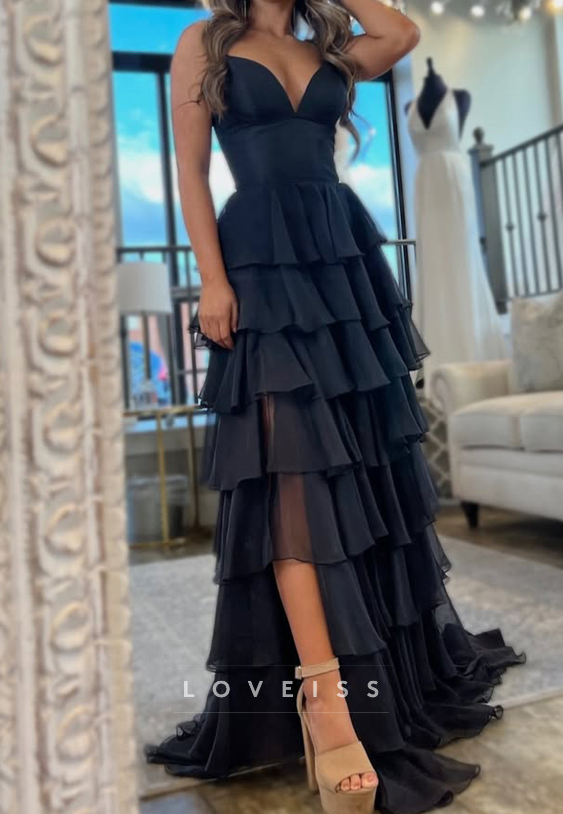 V-Neck Spaghetti Straps Tiered Chiffon A-Line Prom Dress