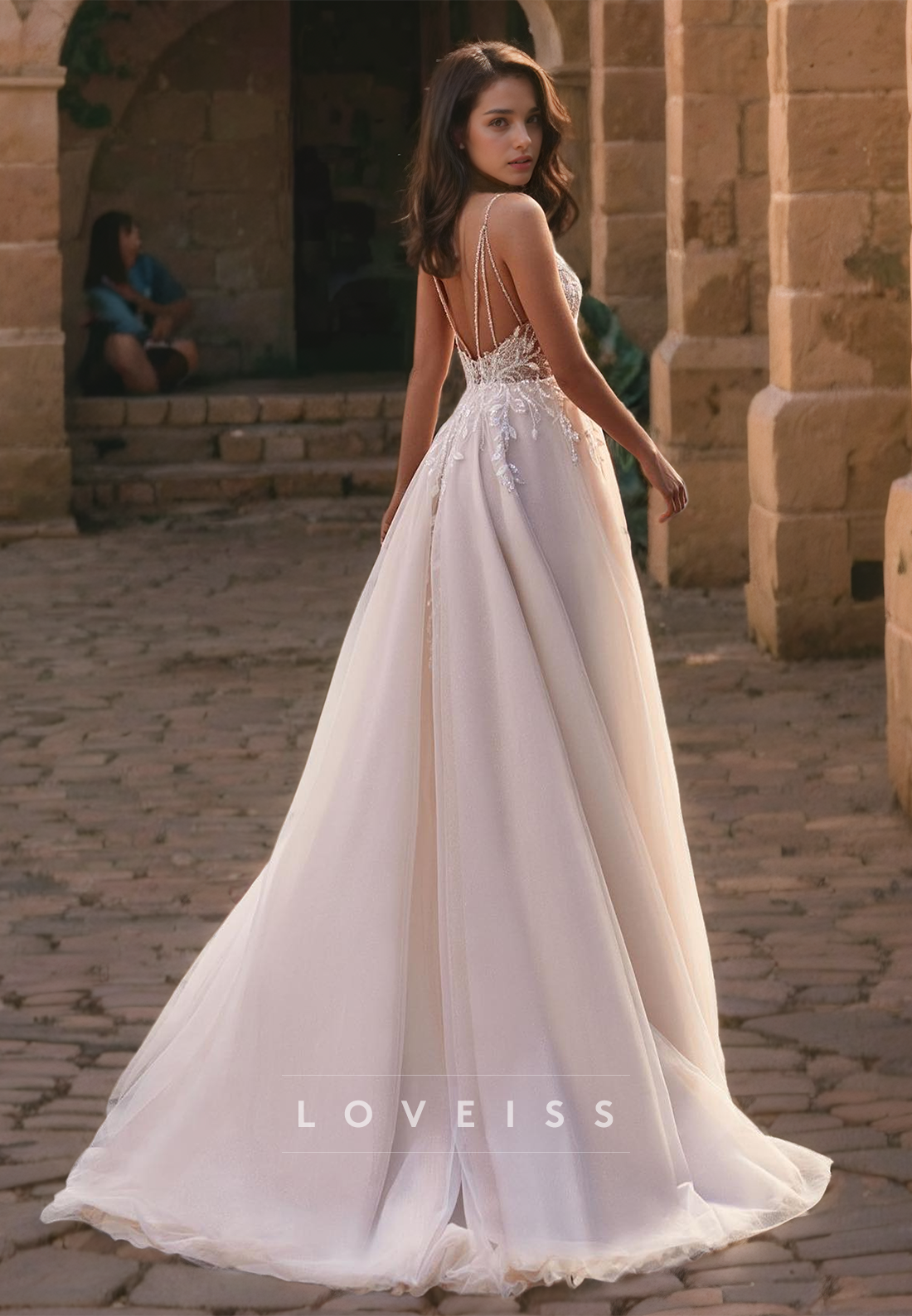 V-Neck Spaghetti Straps Tulle A-Line Wedding Dress