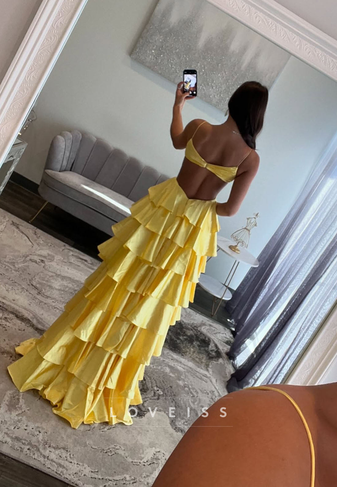 V-Neck Spaghettii Straps Tiered A-Line Prom Dress