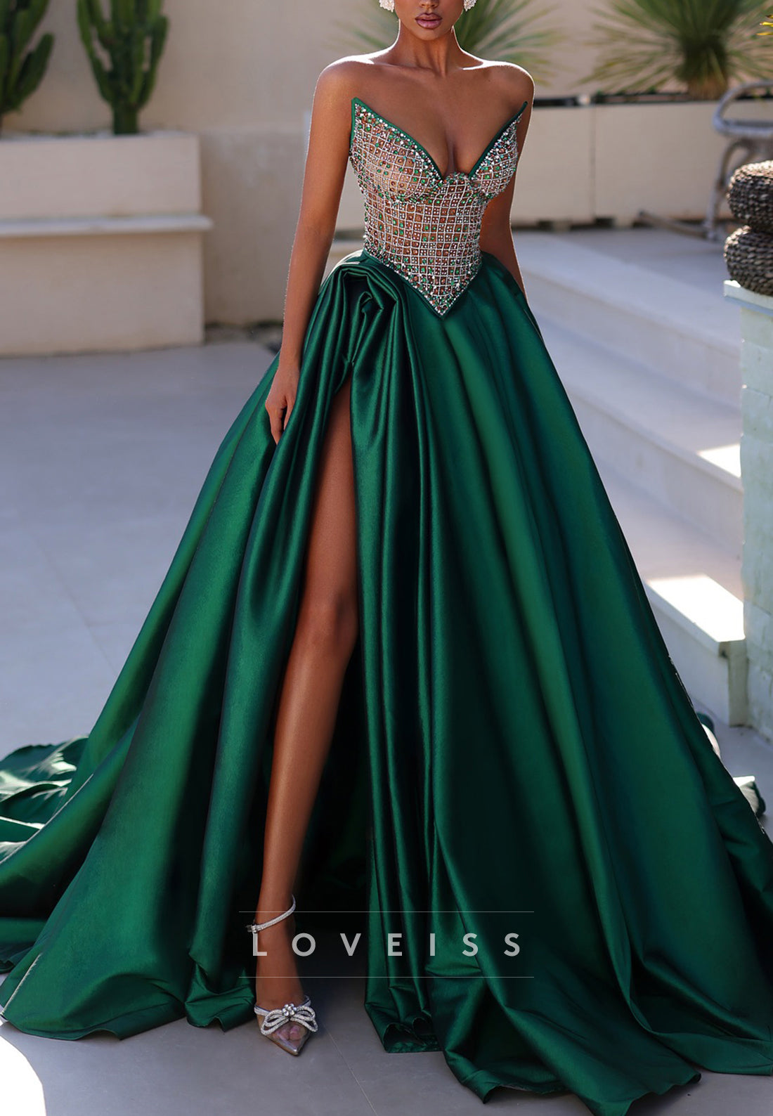 V-Neck Strapless Beaded Satin A-Line Prom Dress