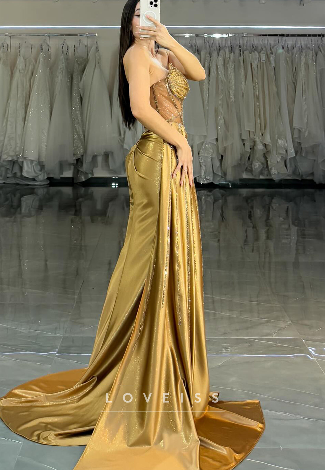 V-Neck Strapless Beaded Sleek Sheath Gold Prom Dress