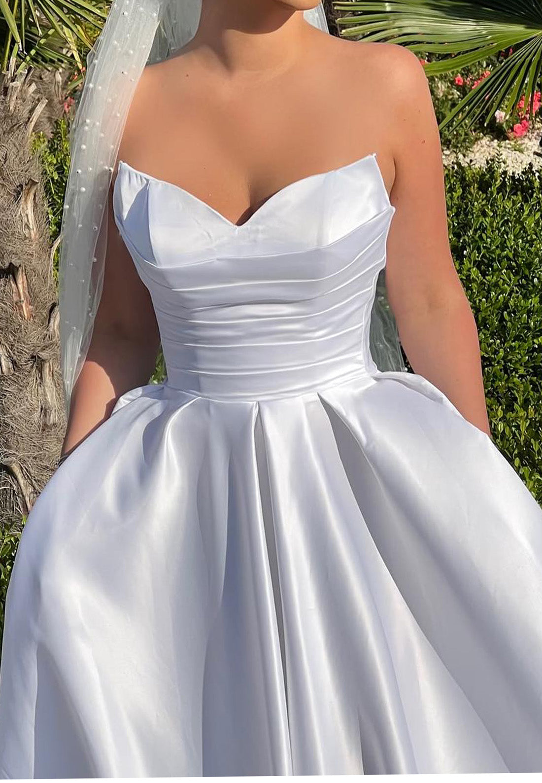 V-Neck Strapless Pleated A-Line Satin Wedding Dress