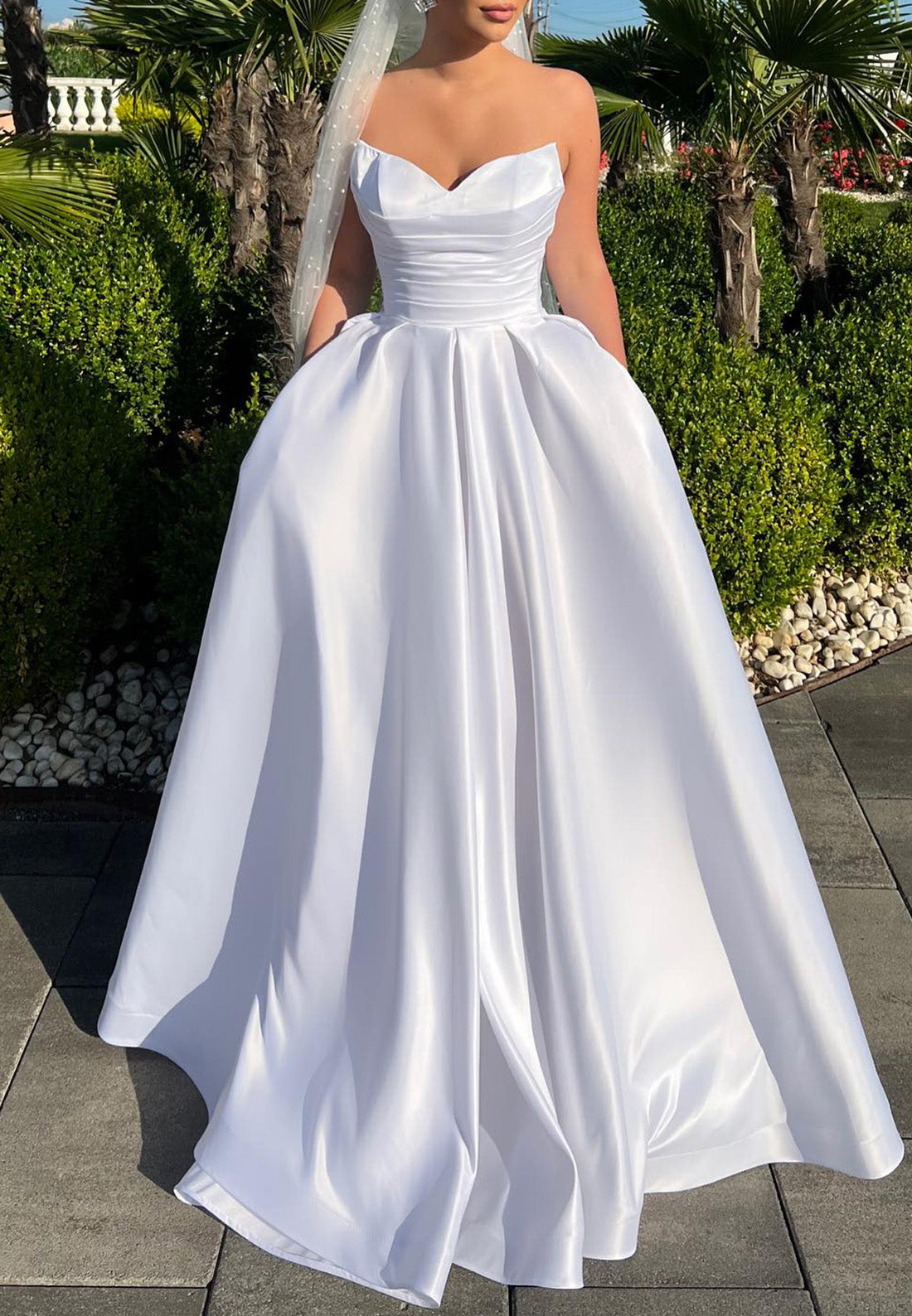 V-Neck Strapless Pleated A-Line Satin Wedding Dress