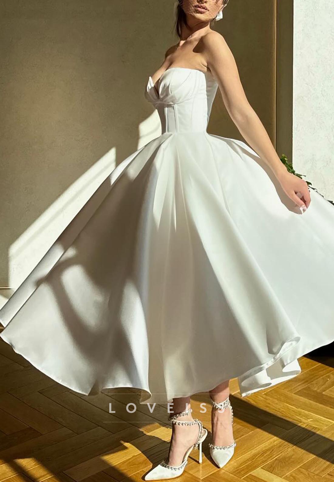V-Neck Strapless Pleated Sleek A-Line Midi Wedding Dress