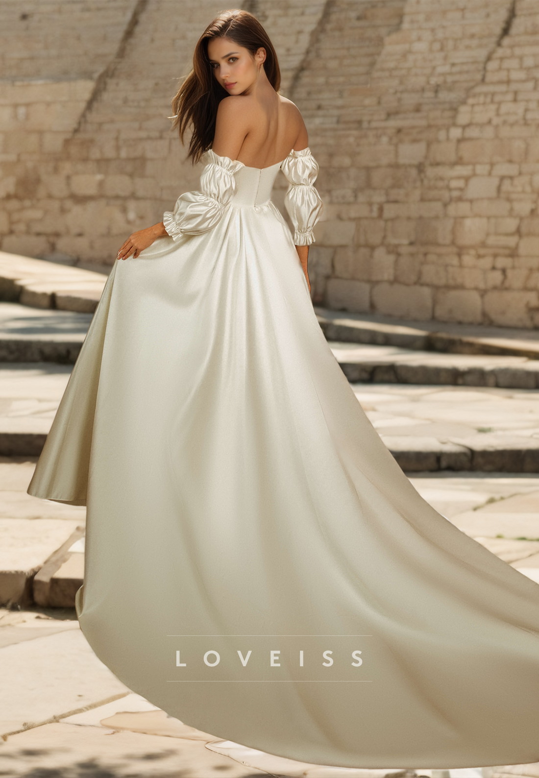V-Neck Strapless Pleated Sleek Satin A-Line Wedding Dress