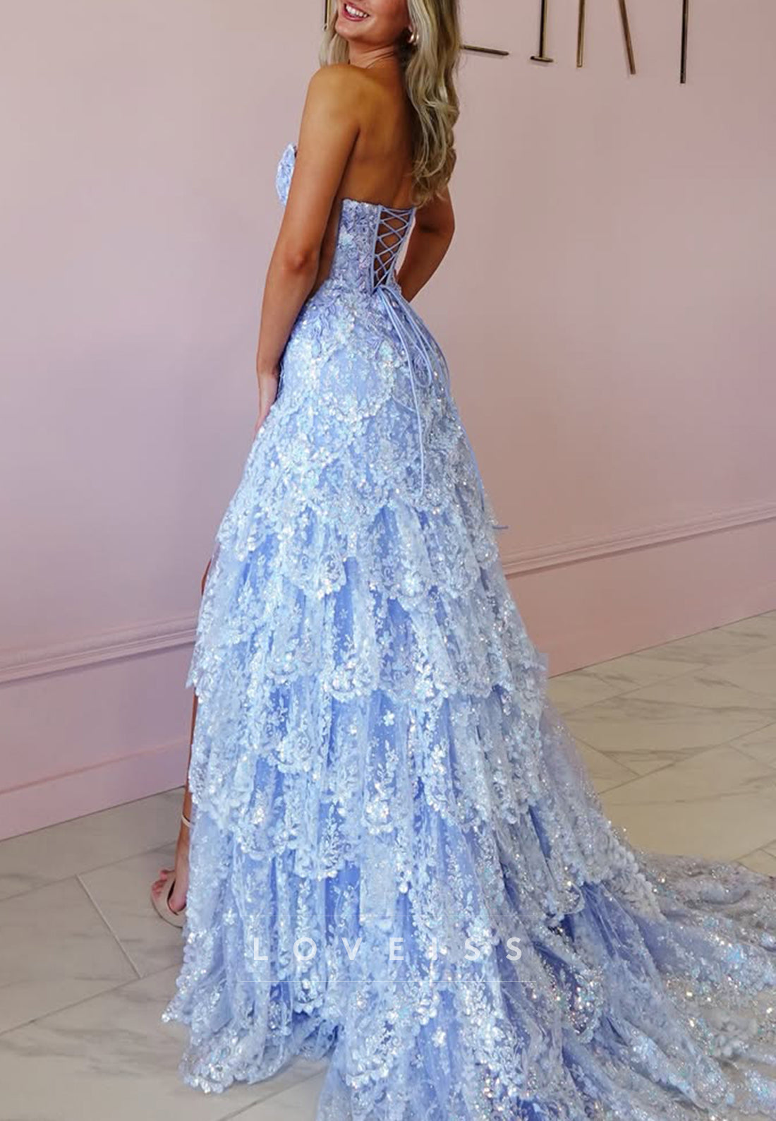V-Neck Strapless Sequins Appliques Tiered A-Line Prom Dress